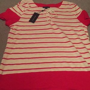 NWT Tommy Hilfiger red striped lace up tee